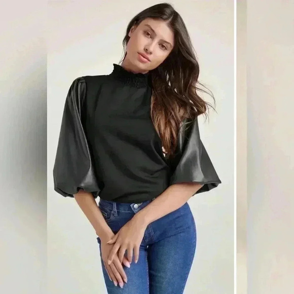 Black Mock Neck Bishop Sleeve Blouse - Picture 1 of 13